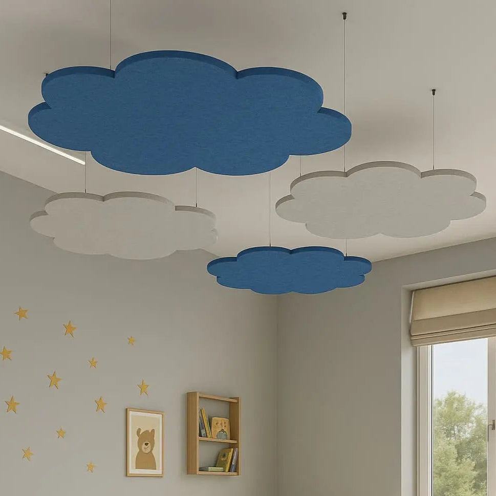 Suspended Ceiling Panels - Acoustic Felt CLOUD L in white bedroom interior closeup Decormania UK
